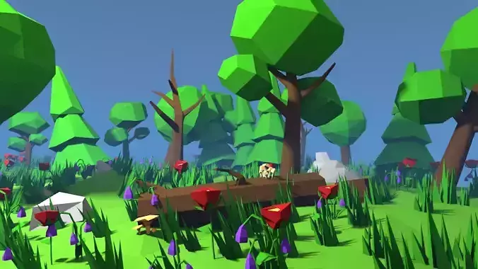 Pack mushrooms trees flowers grass stones Free low-poly 3D model