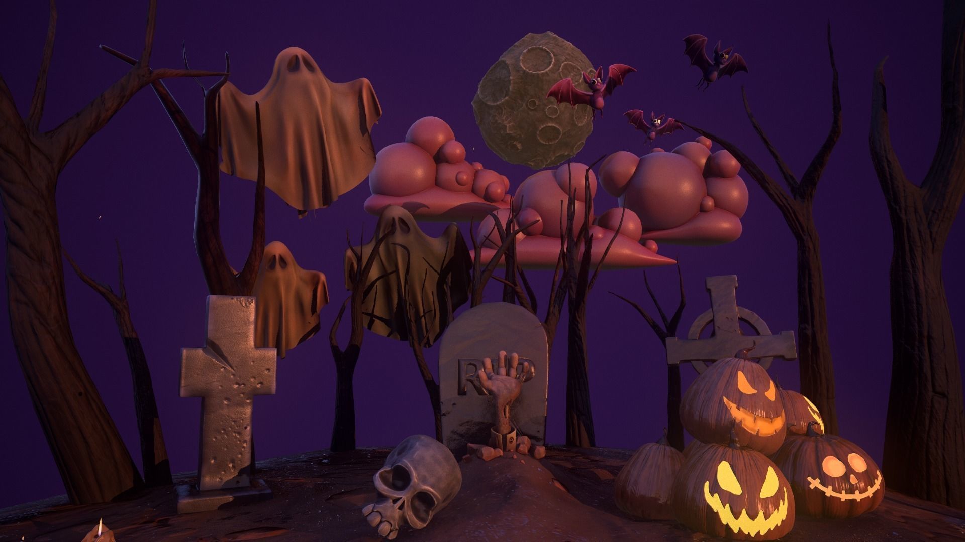 Halloween Collection island in middle of forest Low-poly 3D model_9
