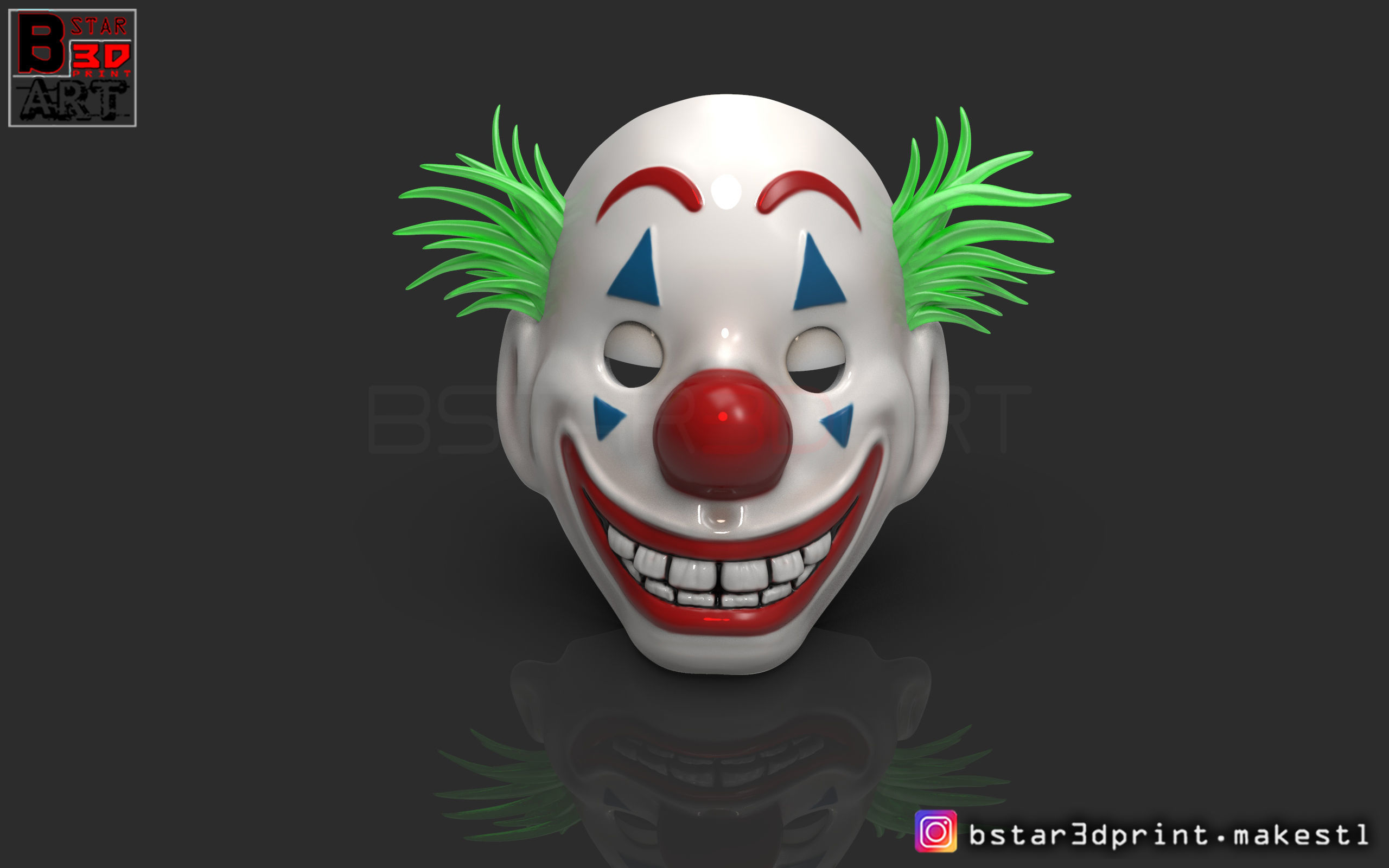 Joker Mask 2019 with hair  - Clown mask 2019 - Halloween Mask 3D print model_2