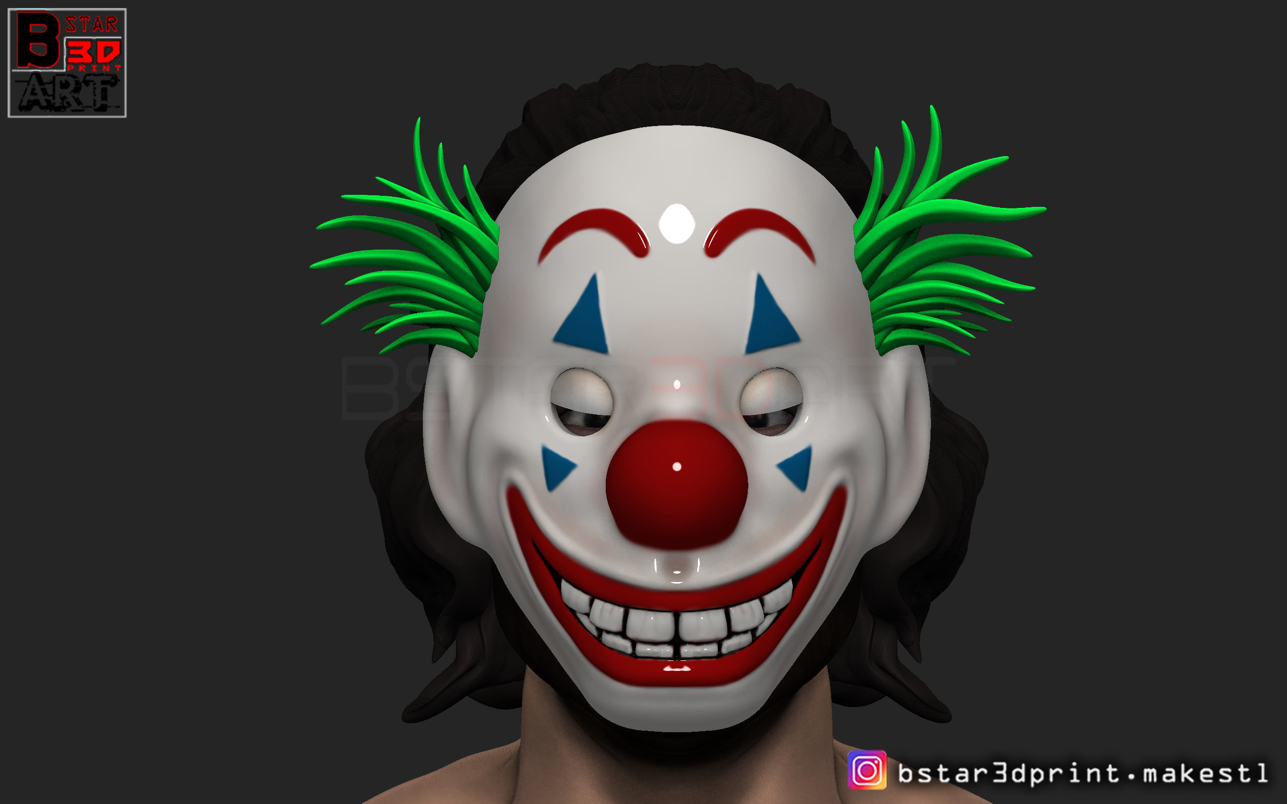 Joker Mask 2019 with hair  - Clown mask 2019 - Halloween Mask 3D print model_12