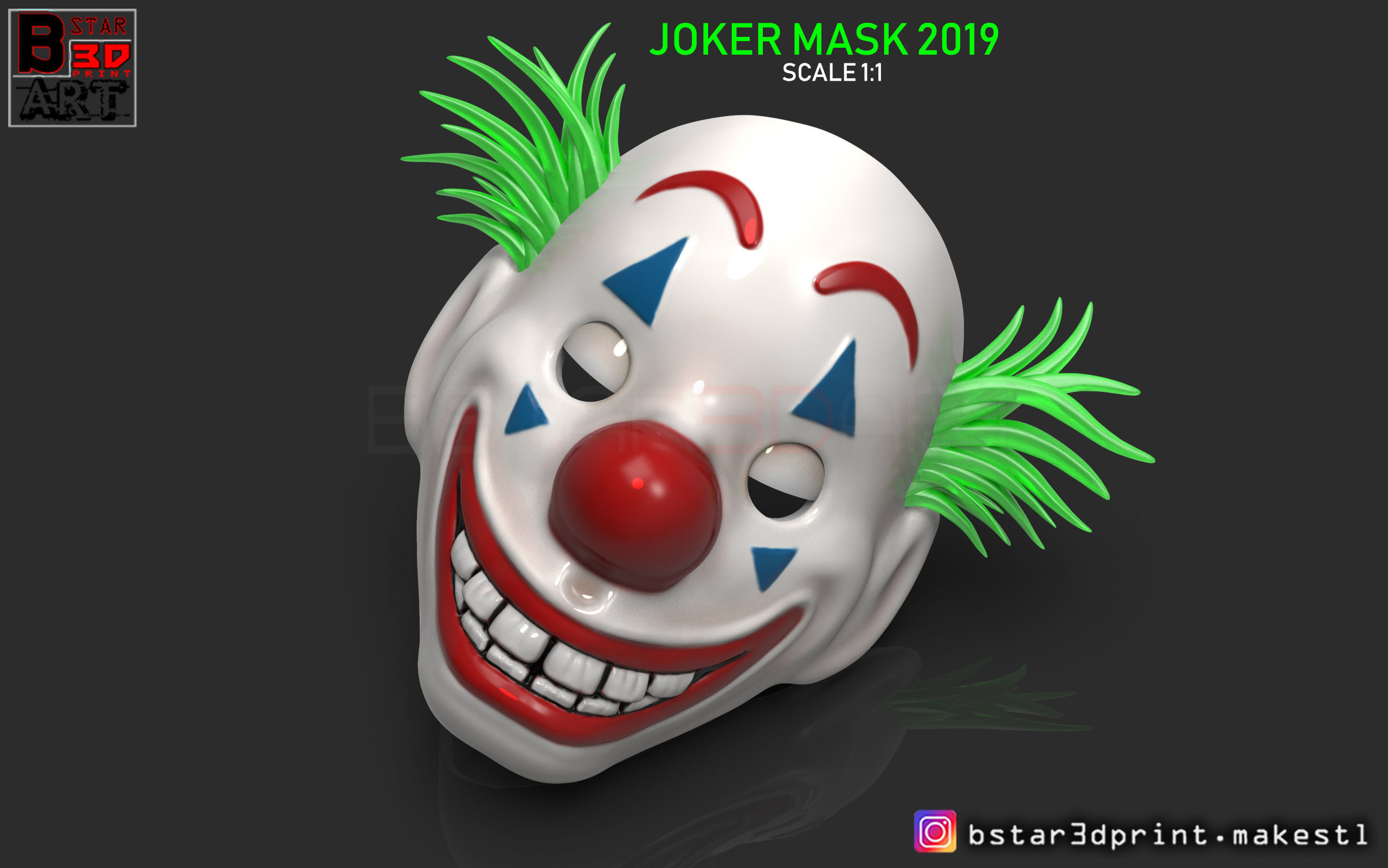 Joker Mask 2019 with hair  - Clown mask 2019 - Halloween Mask 3D print model_1