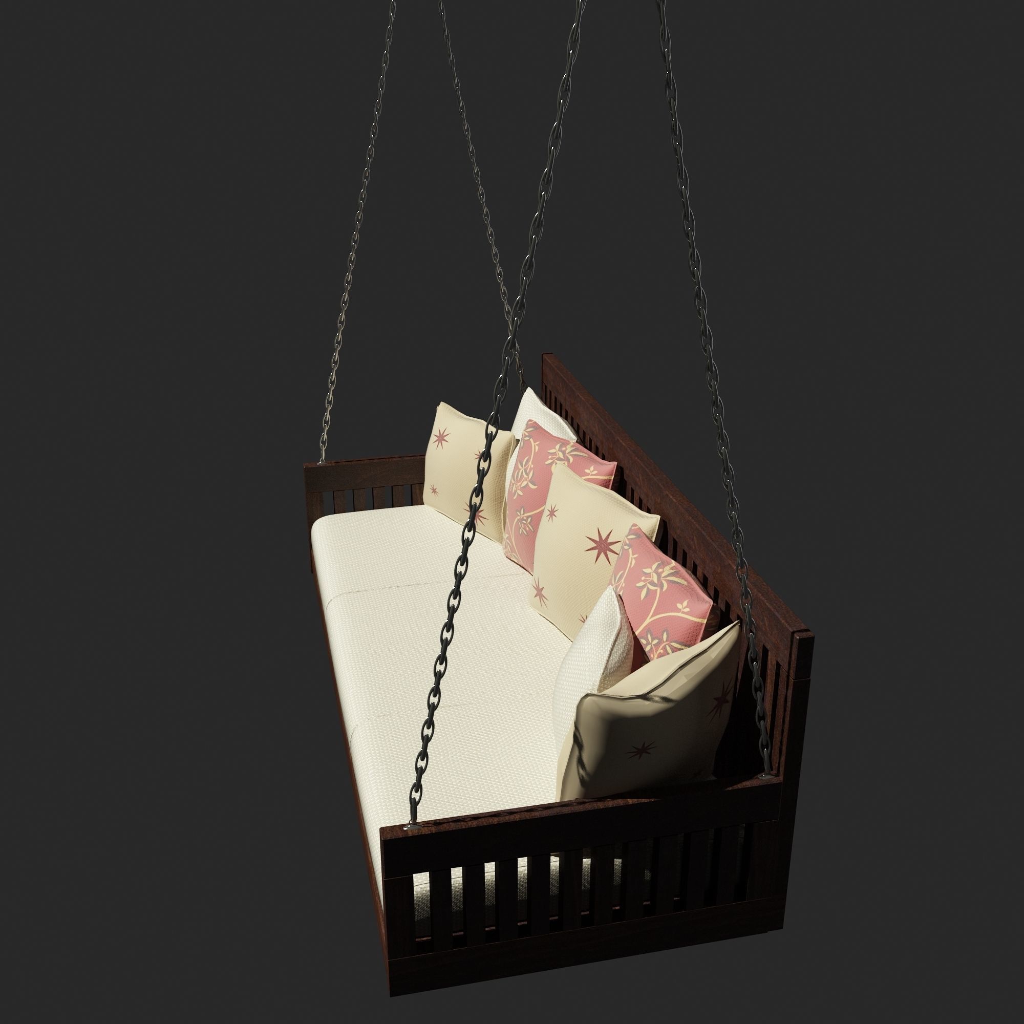 Swing wooden bed with pillows Free 3D model_4