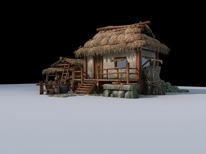 Cottages and thatched huts  Grass-roofed earthen houses 3D model