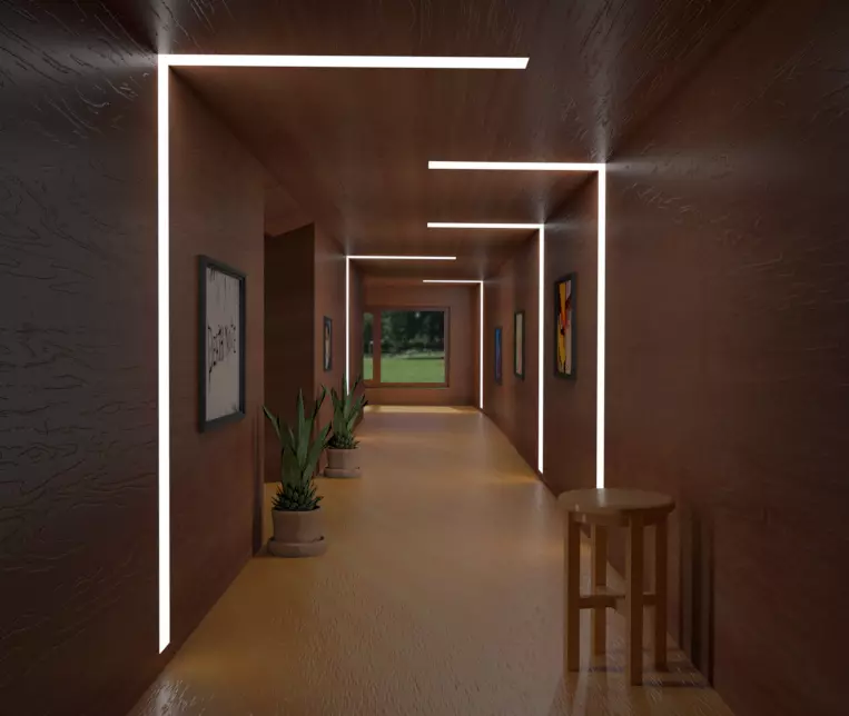 Corridor hallway with wooden flooring and lighting Free 3D model_0