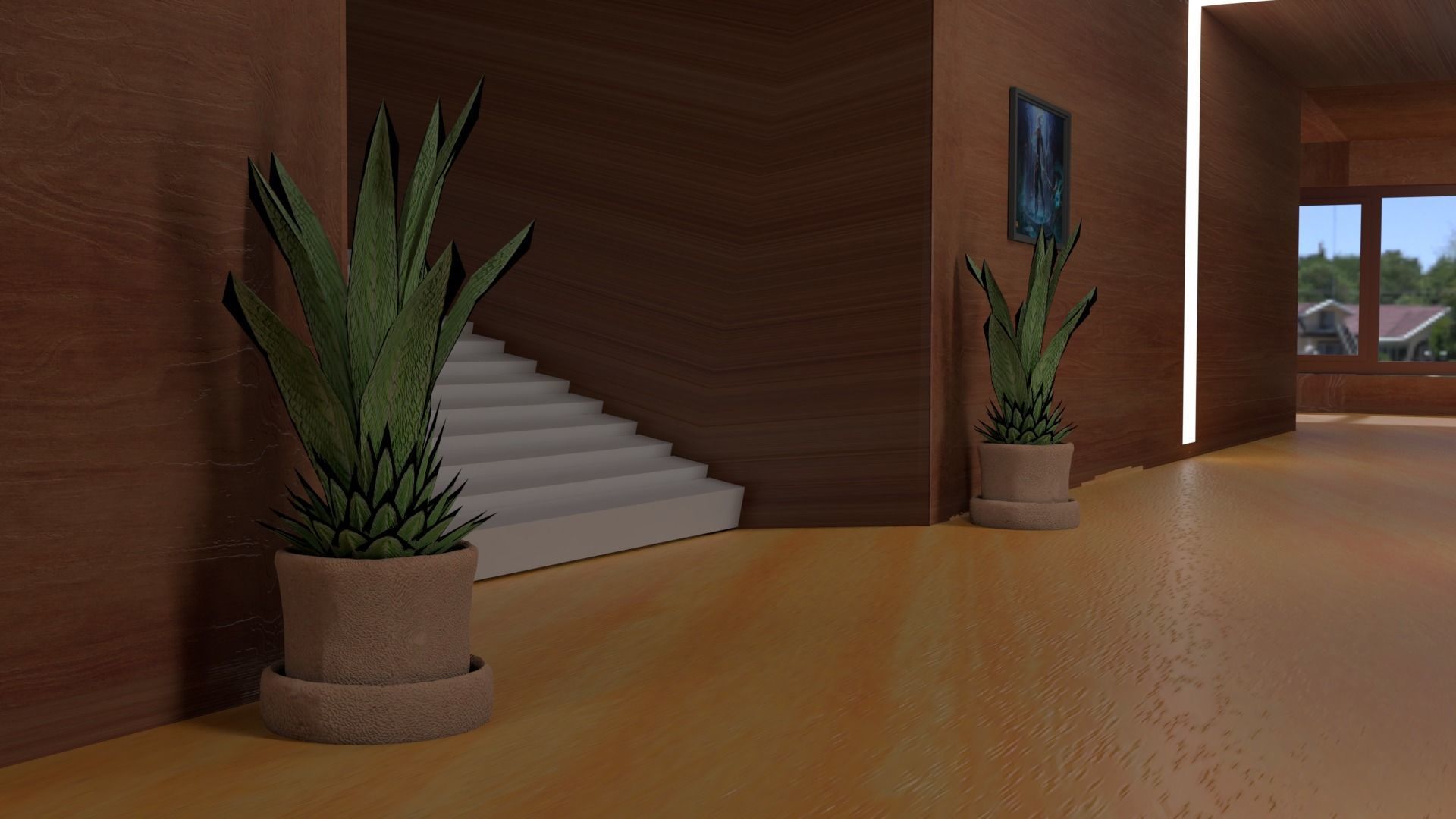 Corridor hallway with wooden flooring and lighting Free 3D model_3