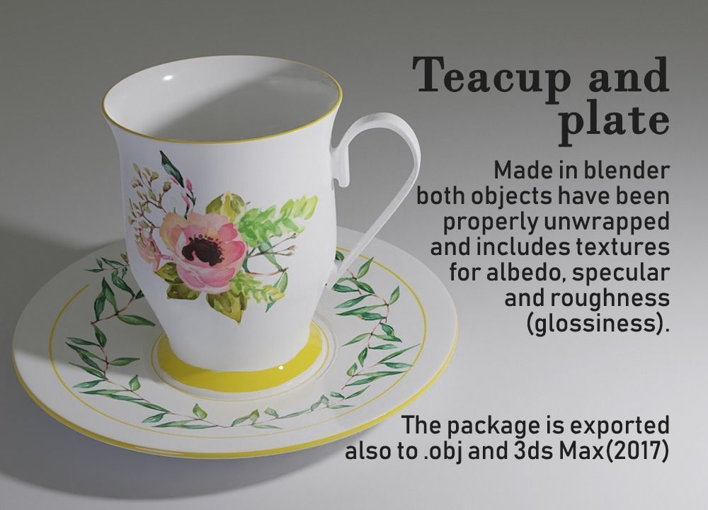 Teatime cup and saucer with flowers 3D model_2