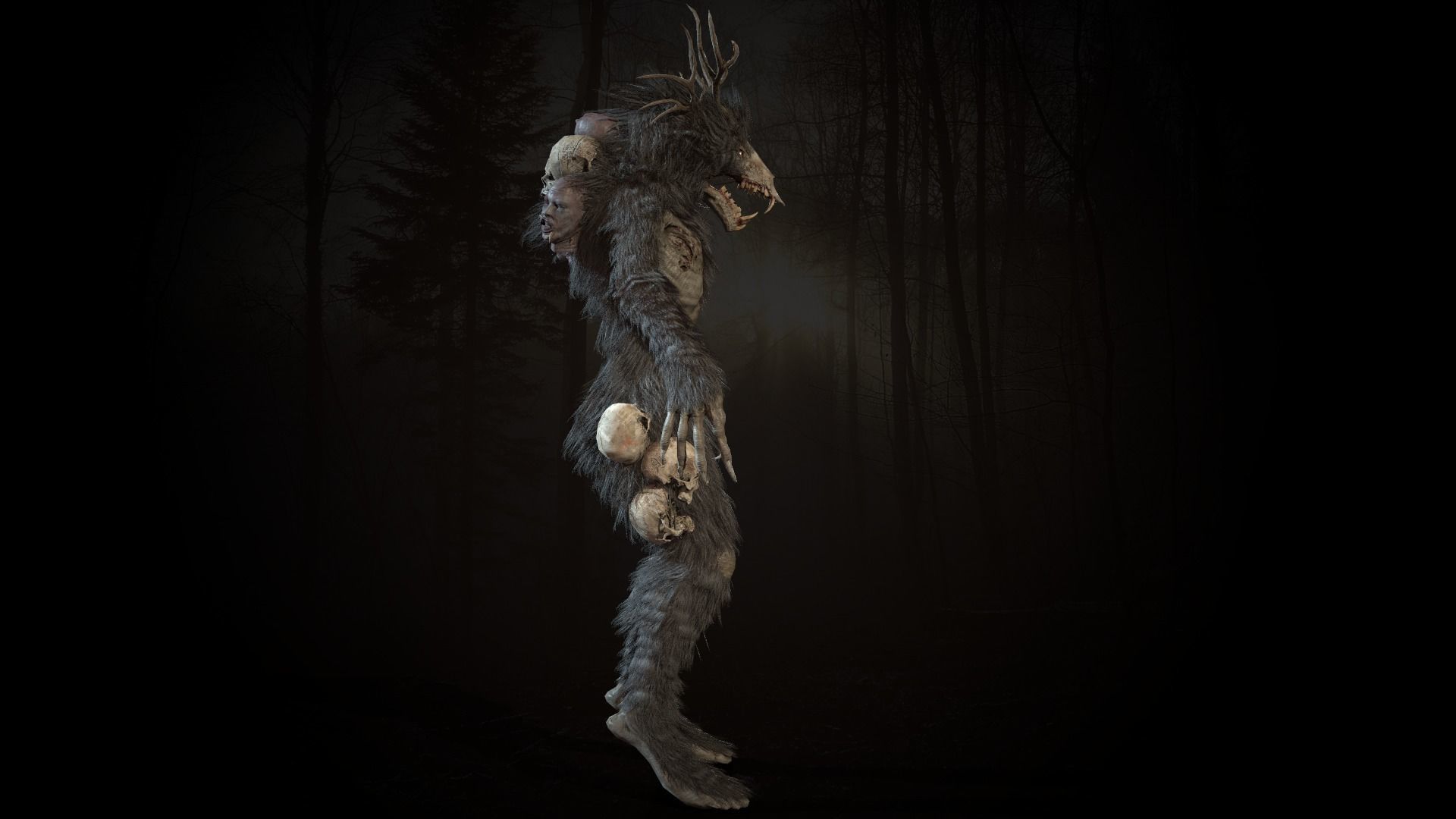 Wendigo werewolf in woods Low-poly 3D model_13