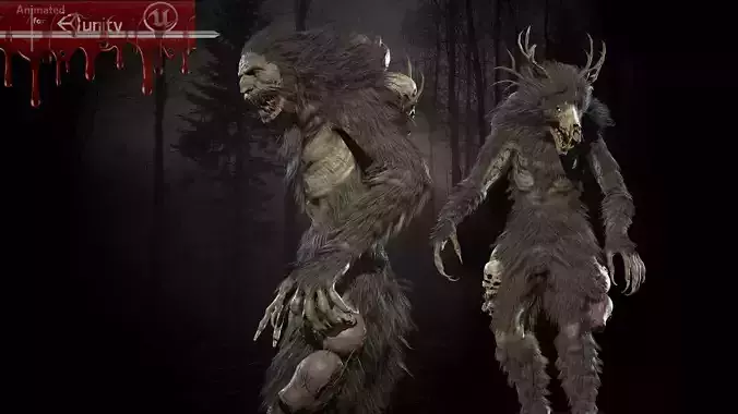 Wendigo werewolf in woods Low-poly 3D model
