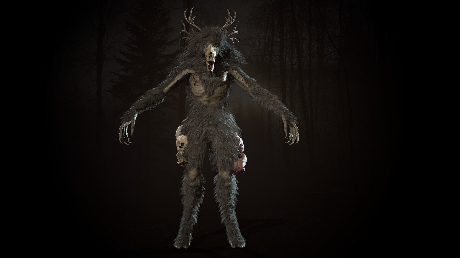 Wendigo werewolf in woods Low-poly 3D model_12