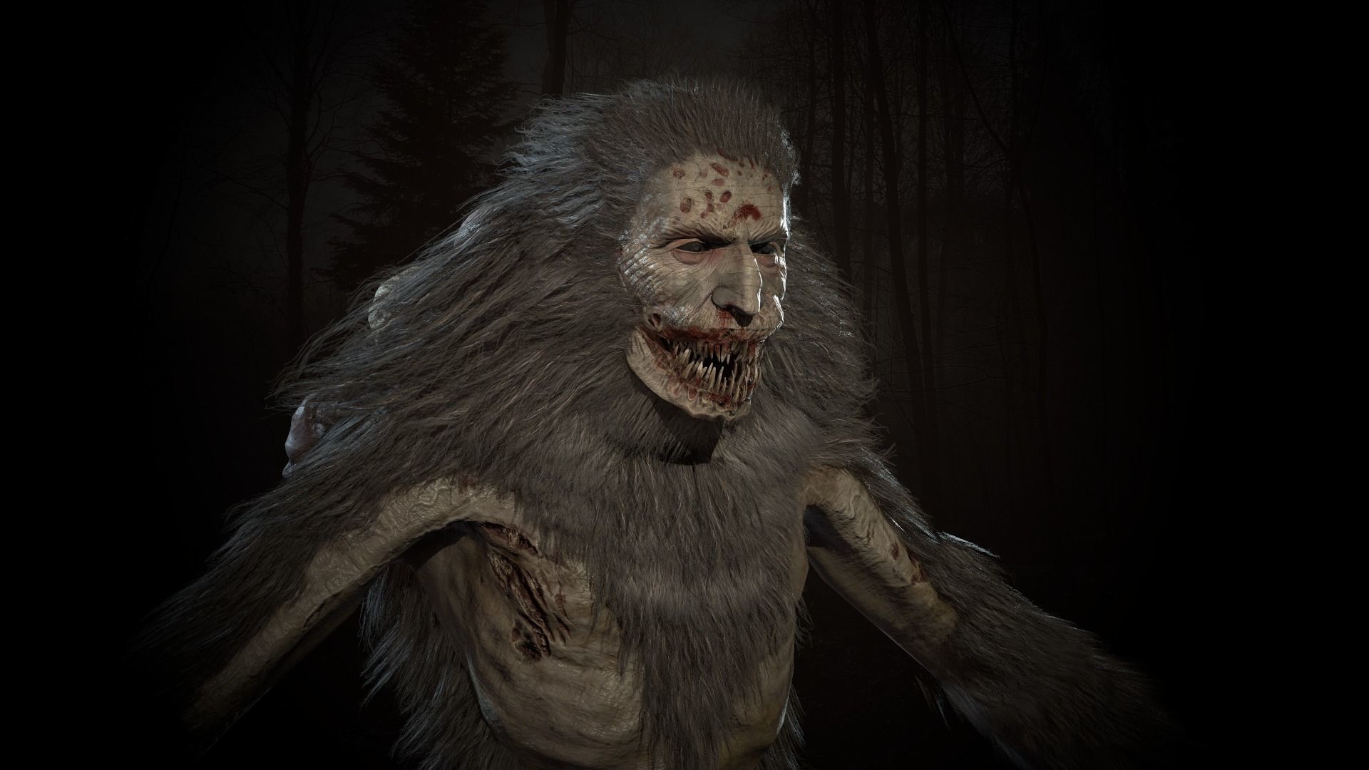 Wendigo werewolf in woods Low-poly 3D model_4