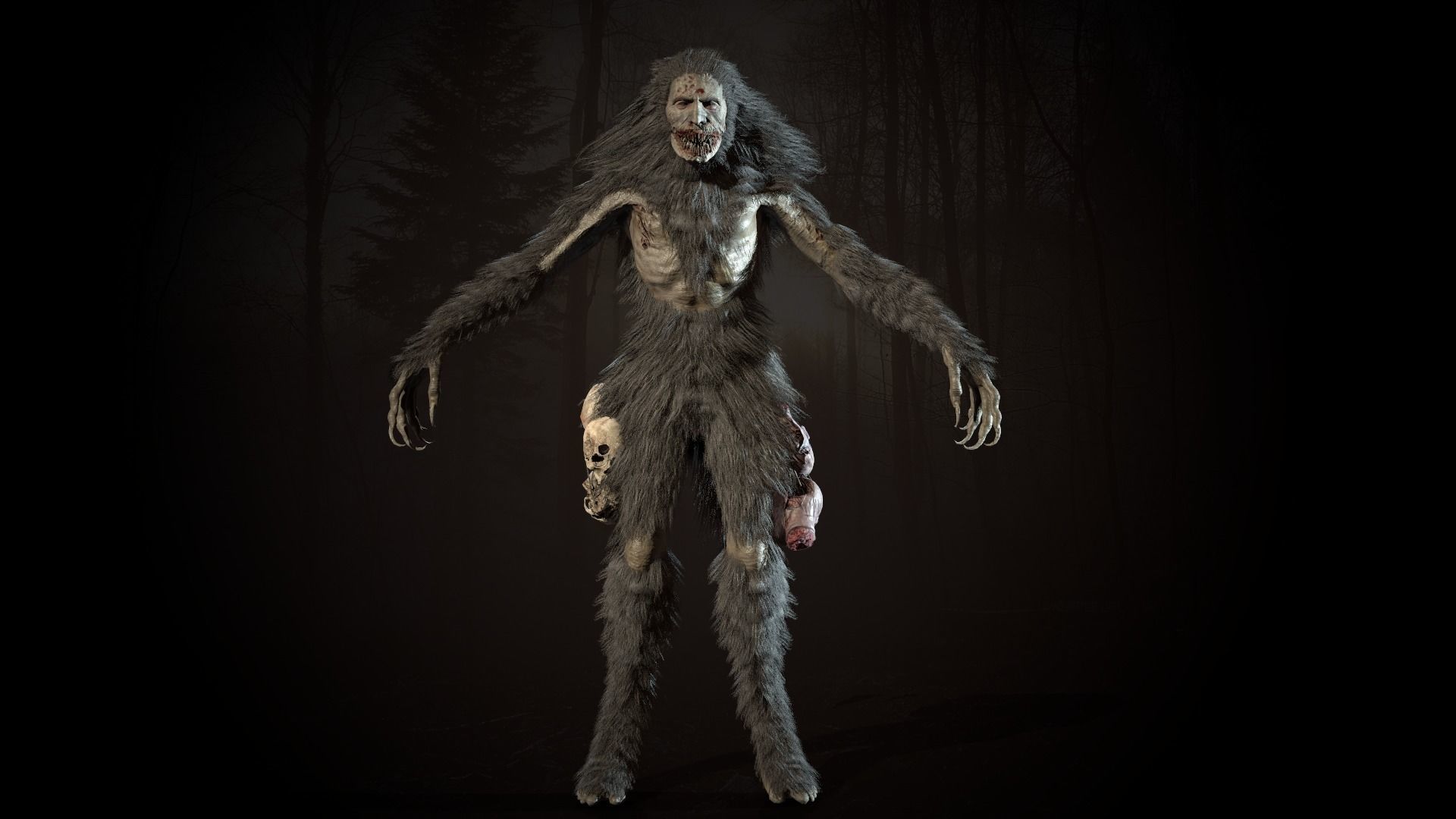 Wendigo werewolf in woods Low-poly 3D model_9