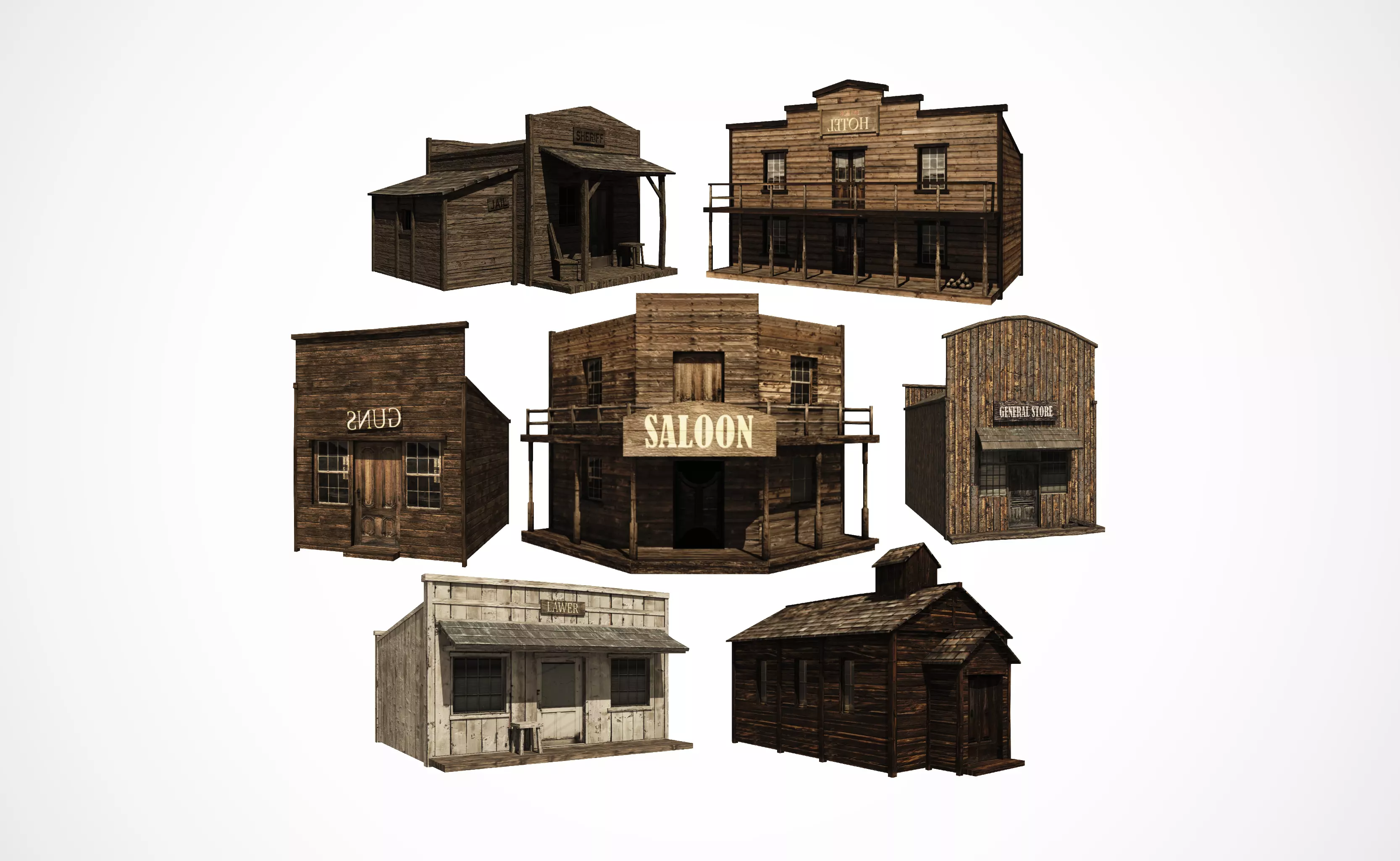 Western town building pack Low-poly 3D model