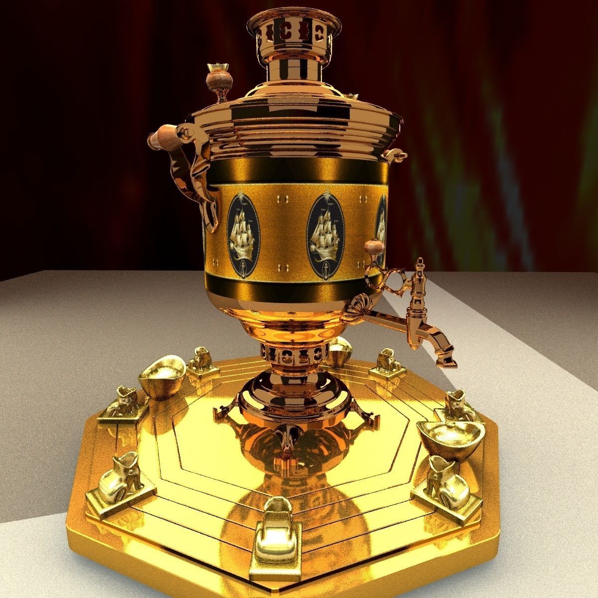 Chinese gold ingot with bronze wine container 3D model_4