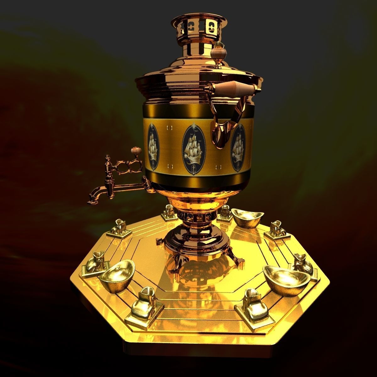 Chinese gold ingot with bronze wine container 3D model_1
