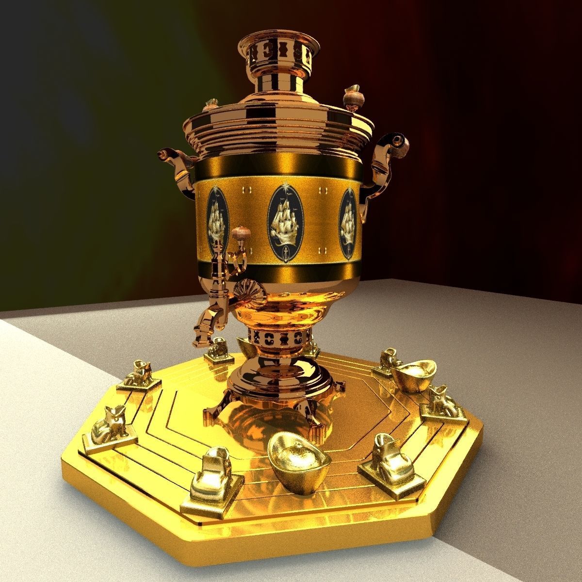 Chinese gold ingot with bronze wine container 3D model_3