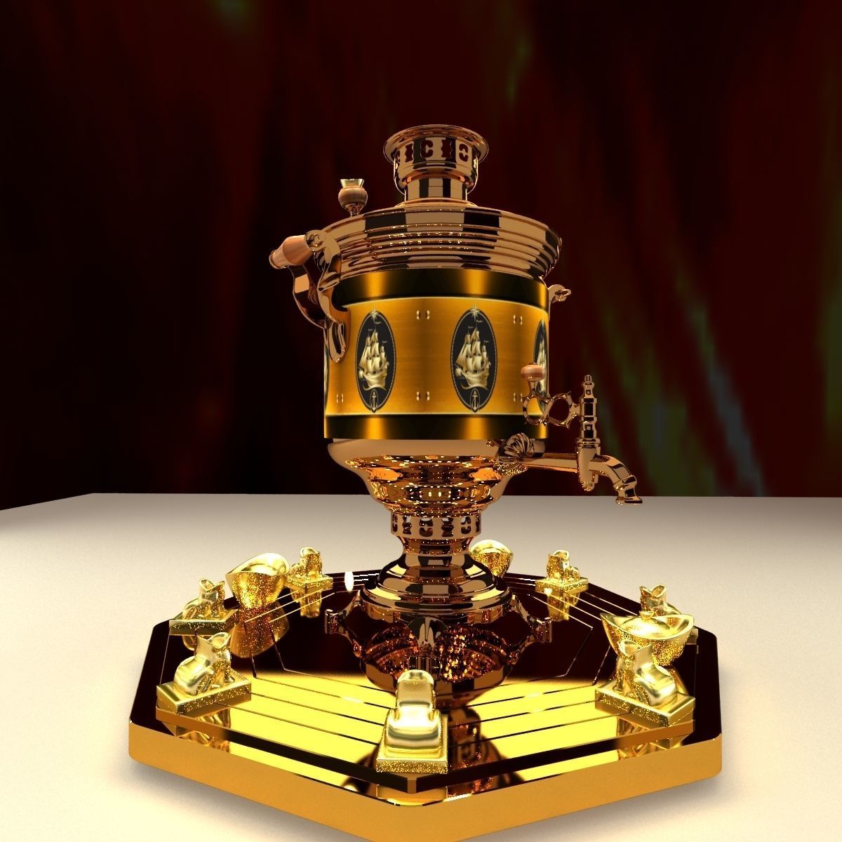 Chinese gold ingot with bronze wine container 3D model_5