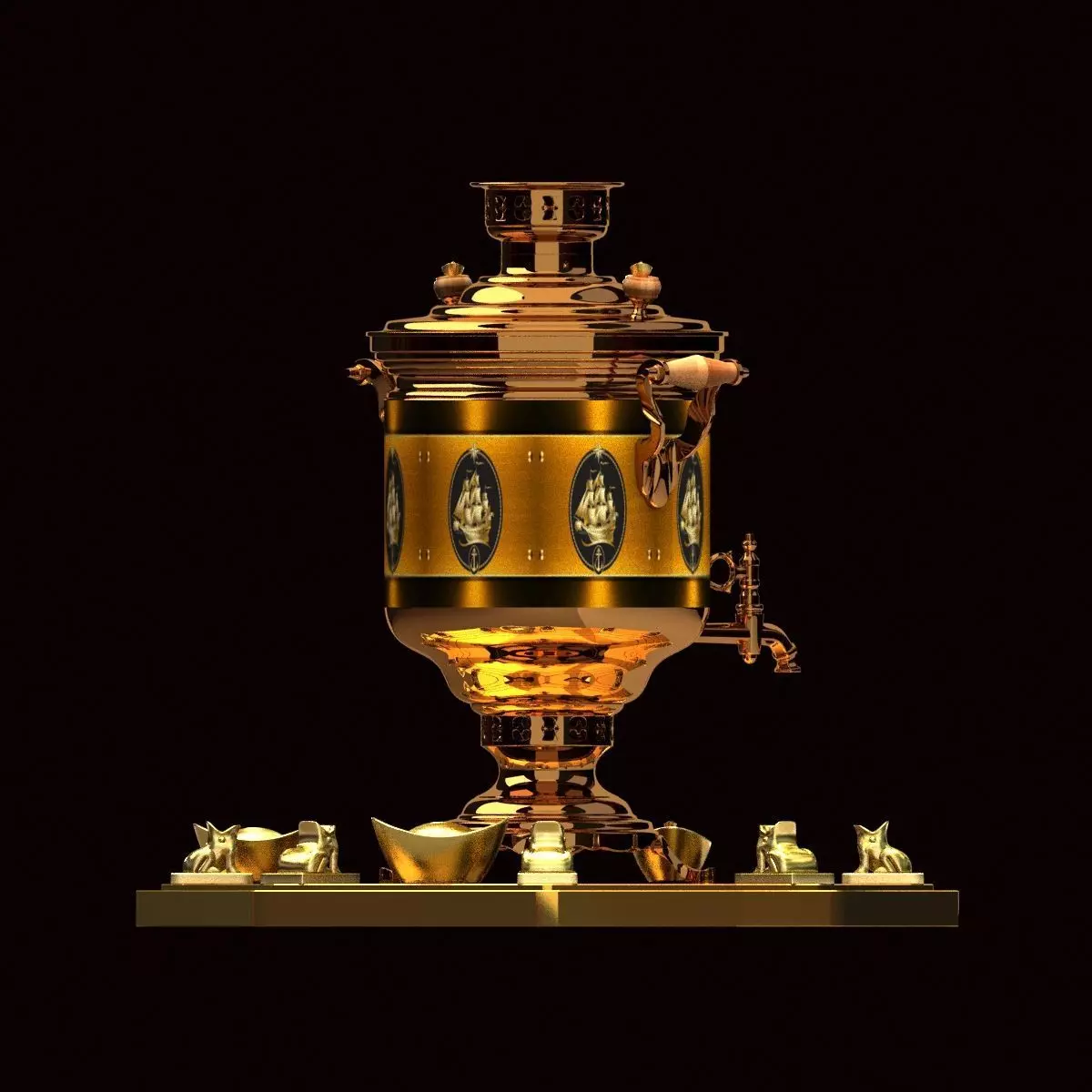 Chinese gold ingot with bronze wine container 3D model_0