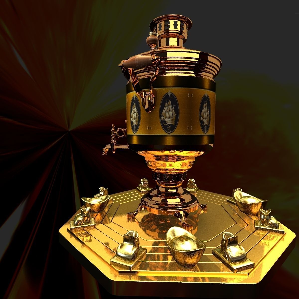 Chinese gold ingot with bronze wine container 3D model_2