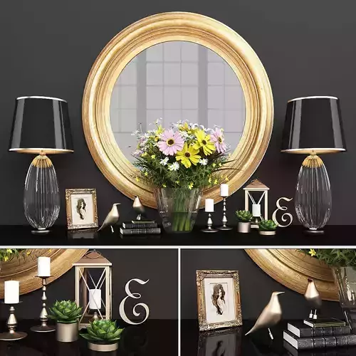 Decorative set round gold mirror with flowers and vase Low-poly 3D model