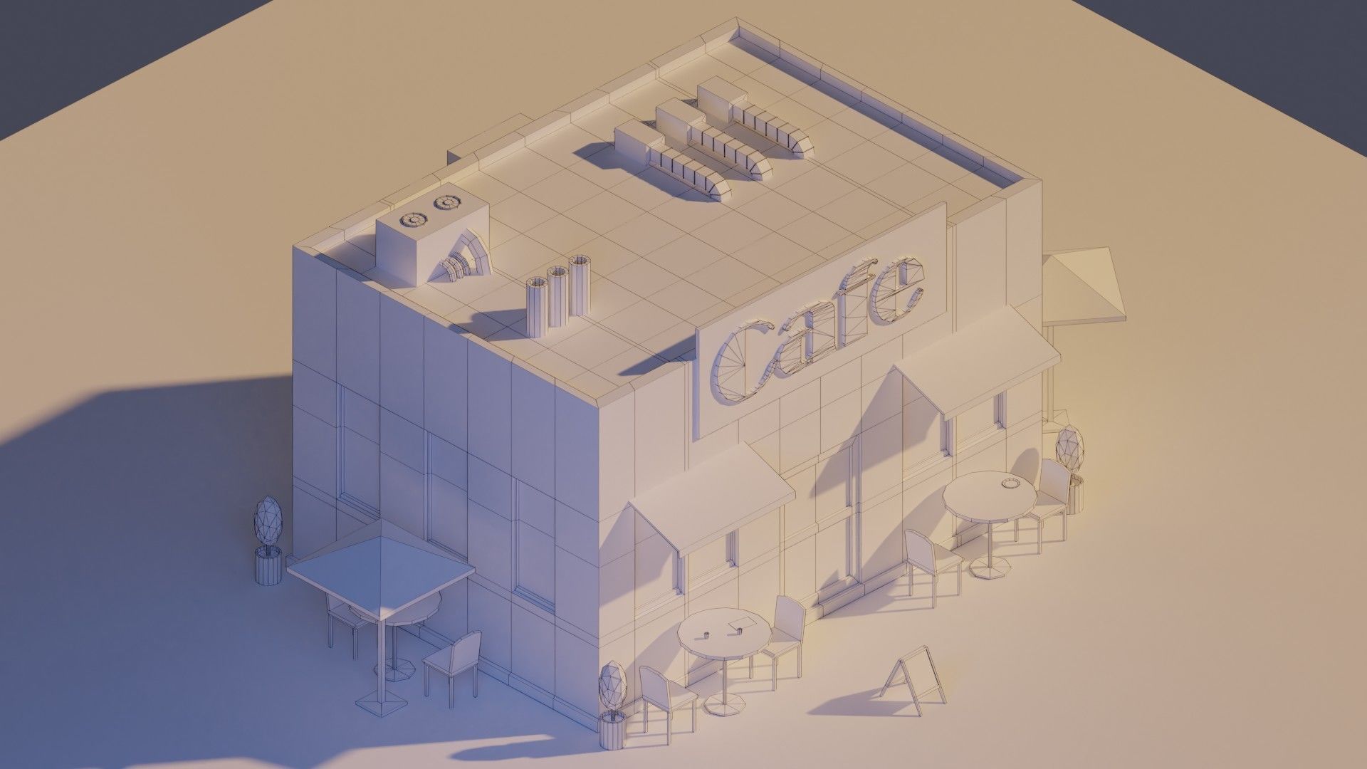 Low Poly Cafe building with tables and chairs Low-poly 3D model_7