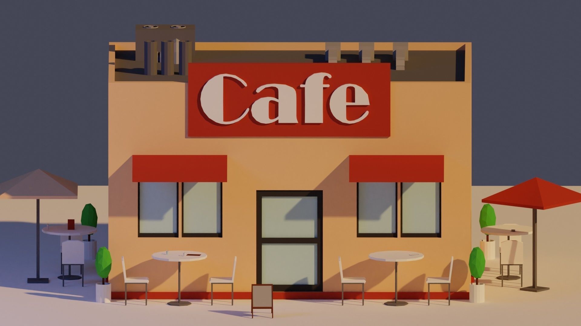 Low Poly Cafe building with tables and chairs Low-poly 3D model_1
