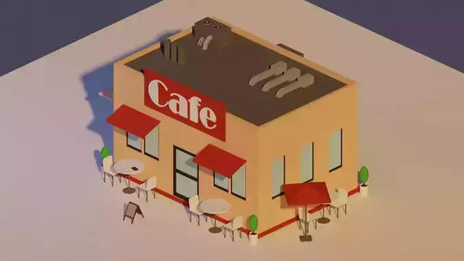 Low Poly Cafe building with tables and chairs