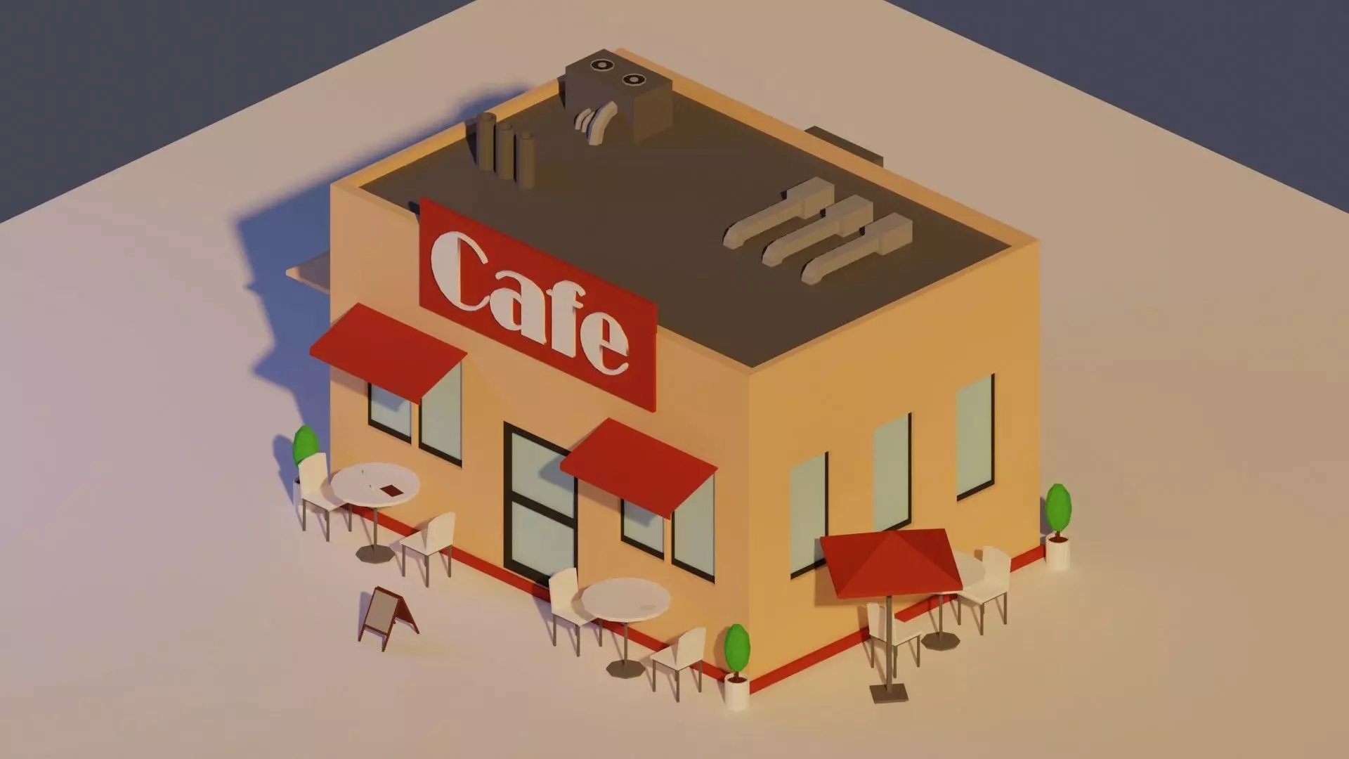 Low Poly Cafe building with tables and chairs Low-poly 3D model_0