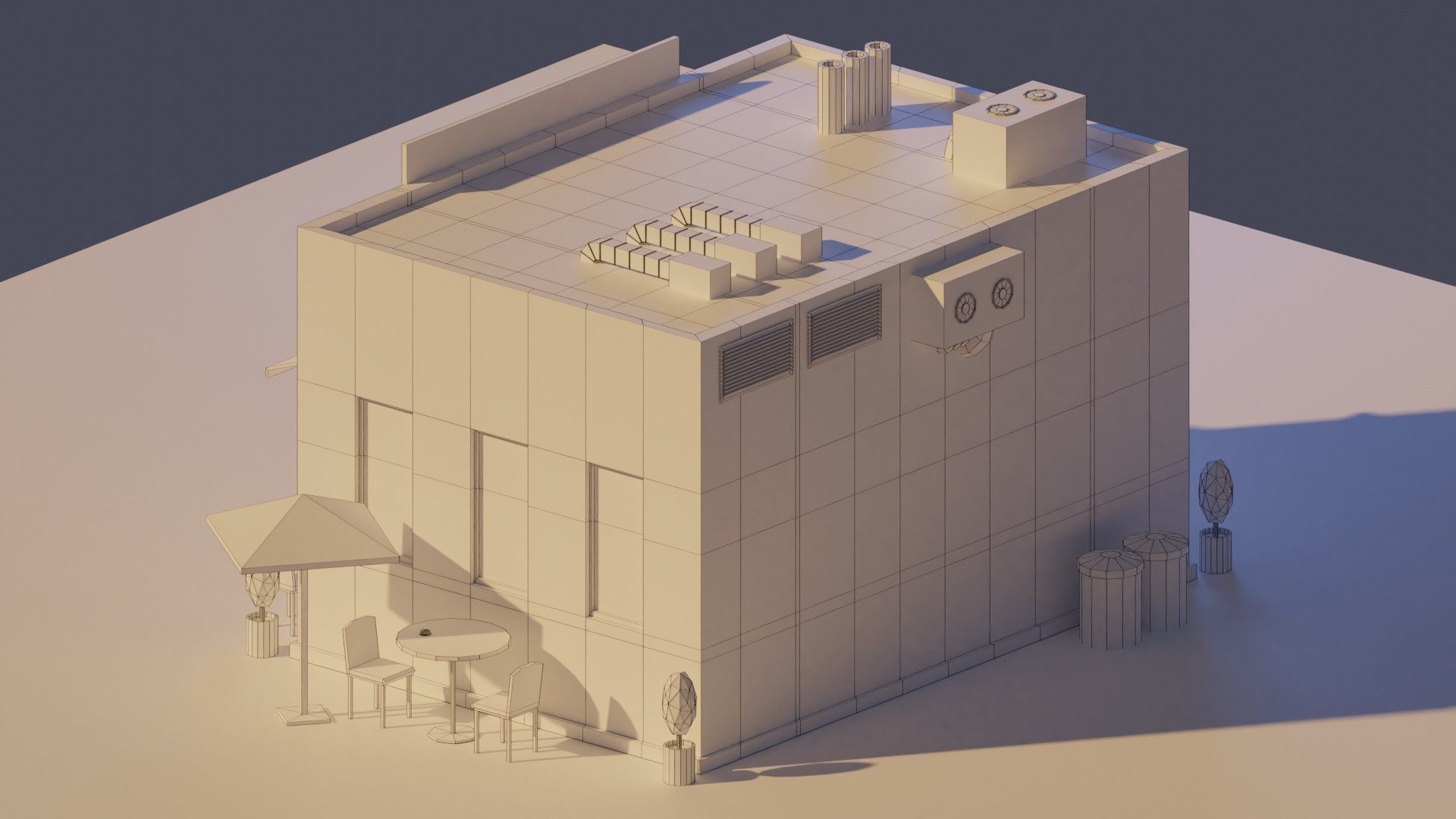 Low Poly Cafe building with tables and chairs Low-poly 3D model_5