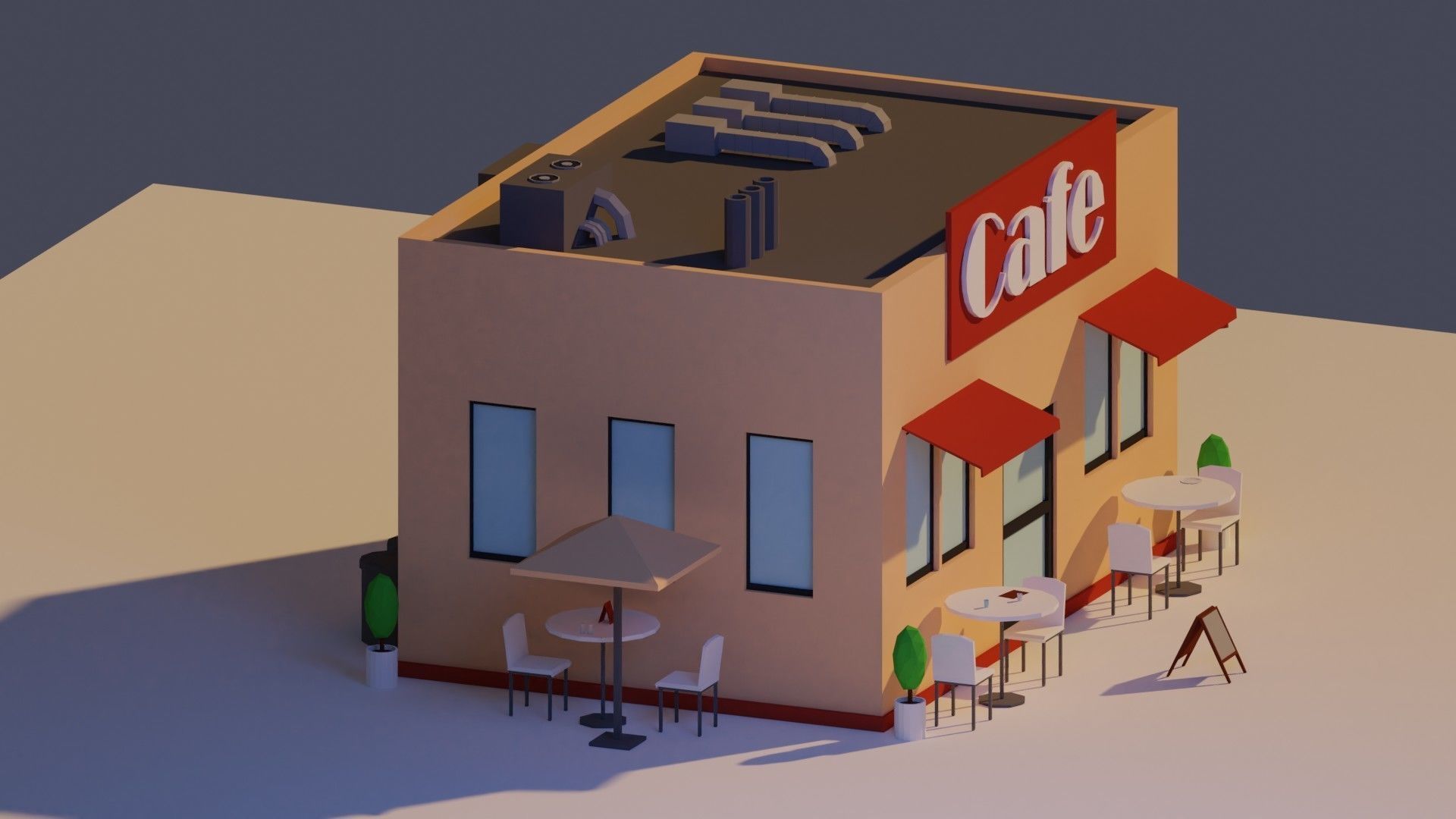 Low Poly Cafe building with tables and chairs Low-poly 3D model_2