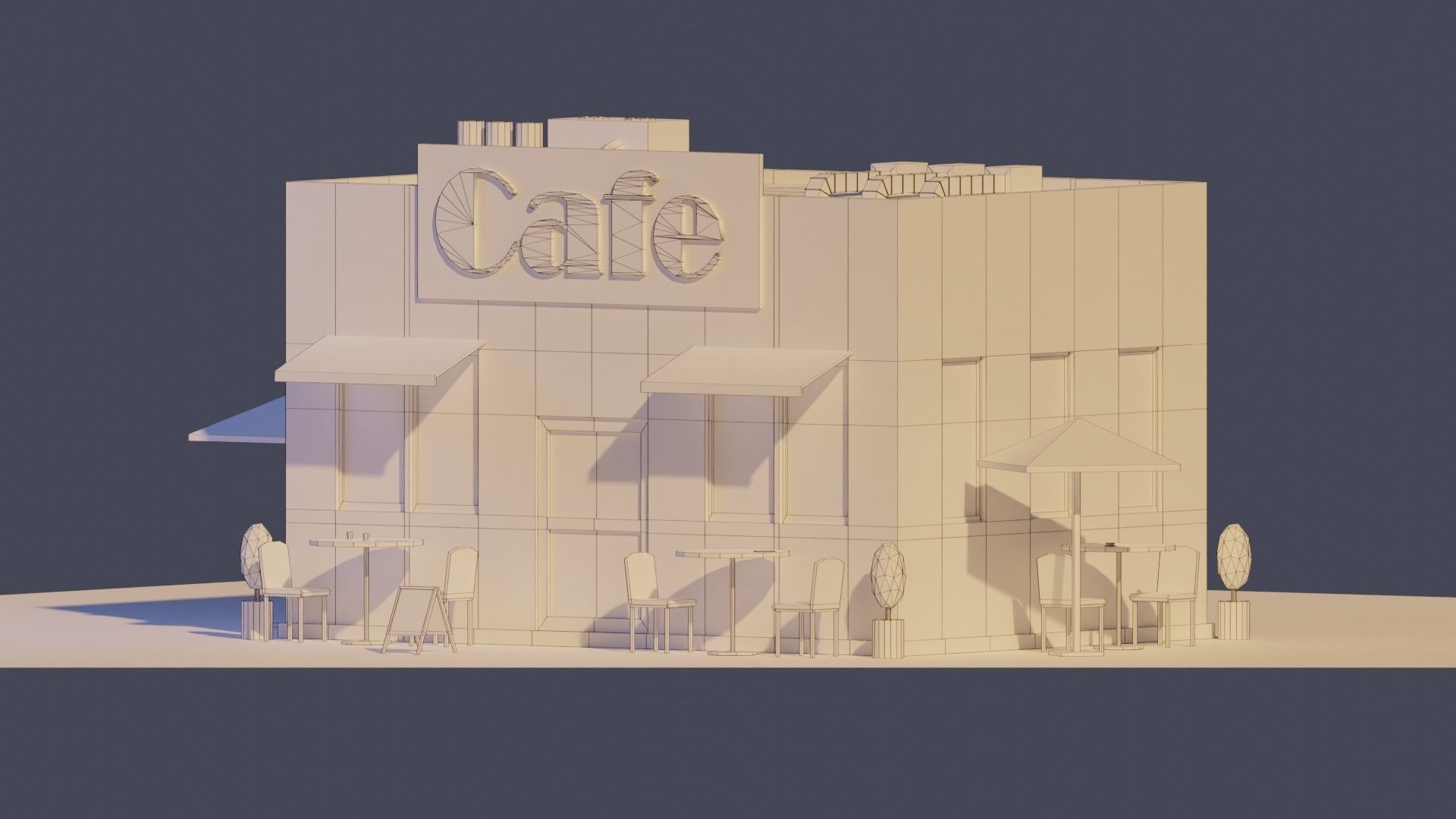Low Poly Cafe building with tables and chairs Low-poly 3D model_6