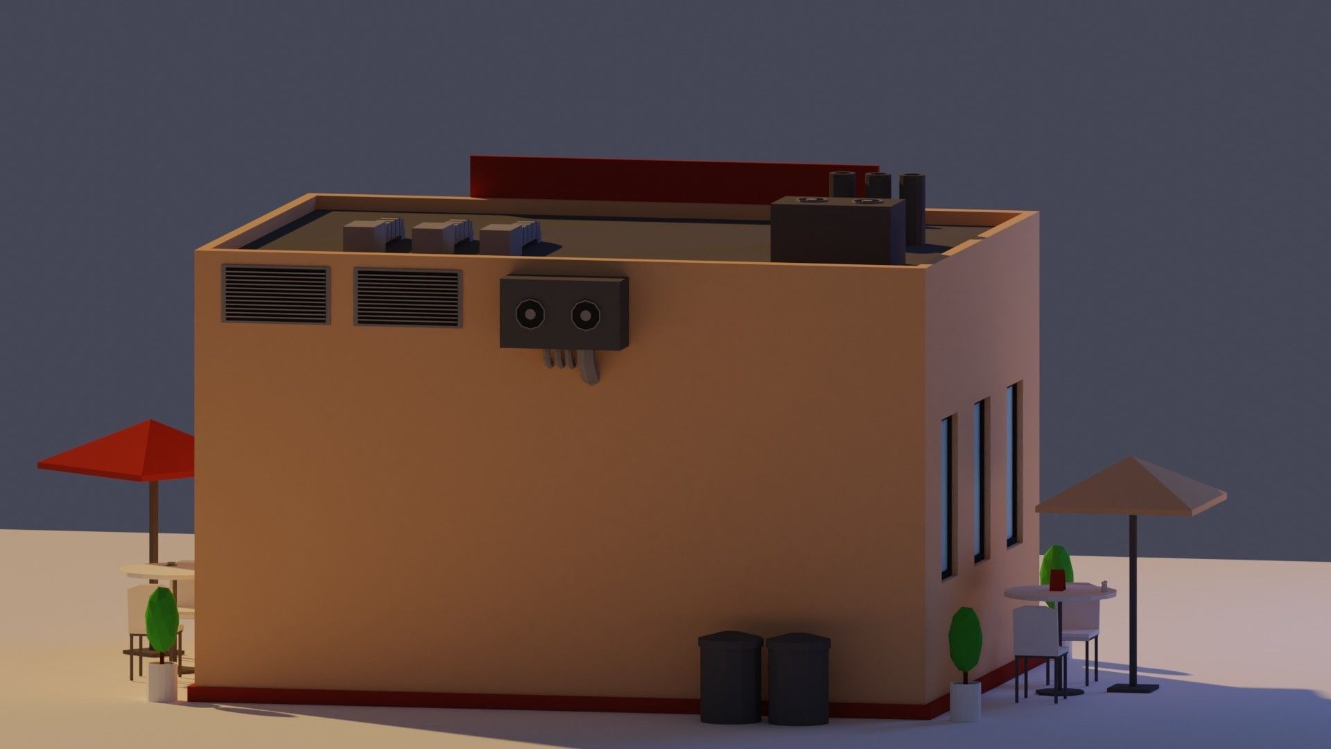 Low Poly Cafe building with tables and chairs Low-poly 3D model_3