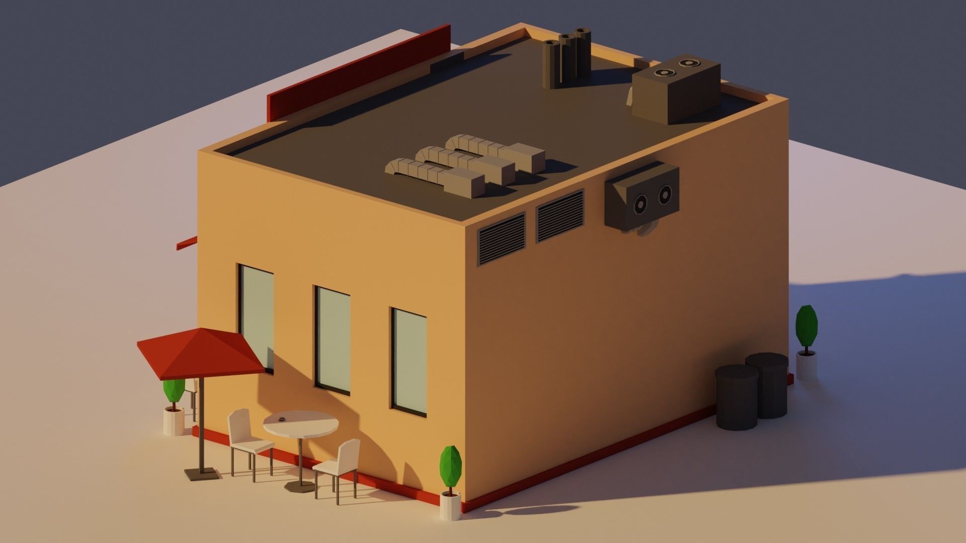 Low Poly Cafe building with tables and chairs Low-poly 3D model_4