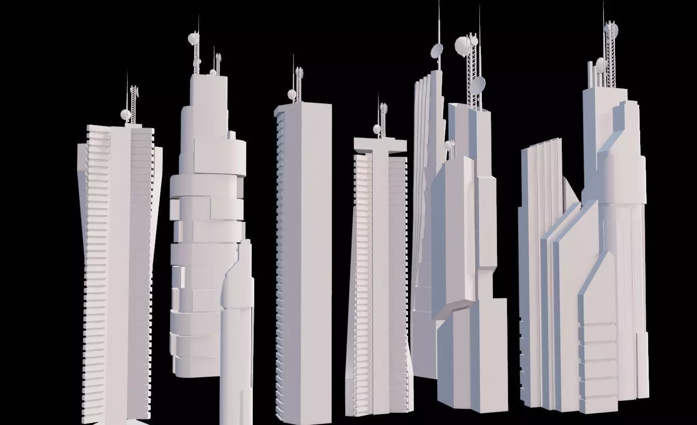 9 low poly SCIFI  futuristic SKYSCRAPERS PACK  Low-poly 3D model_0