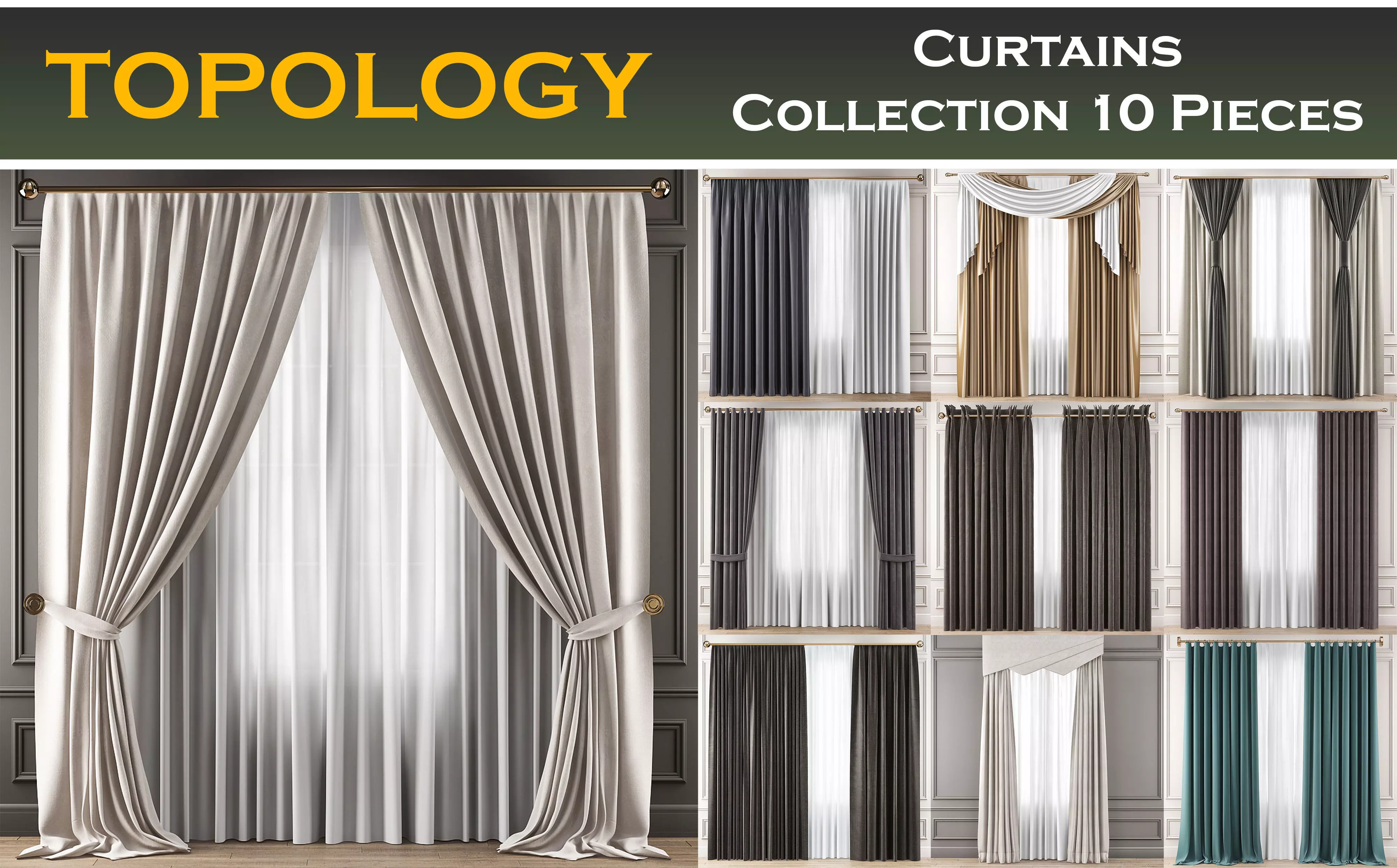 Curtains Collection 10 Pieces 3d model Low-poly 3D model_0