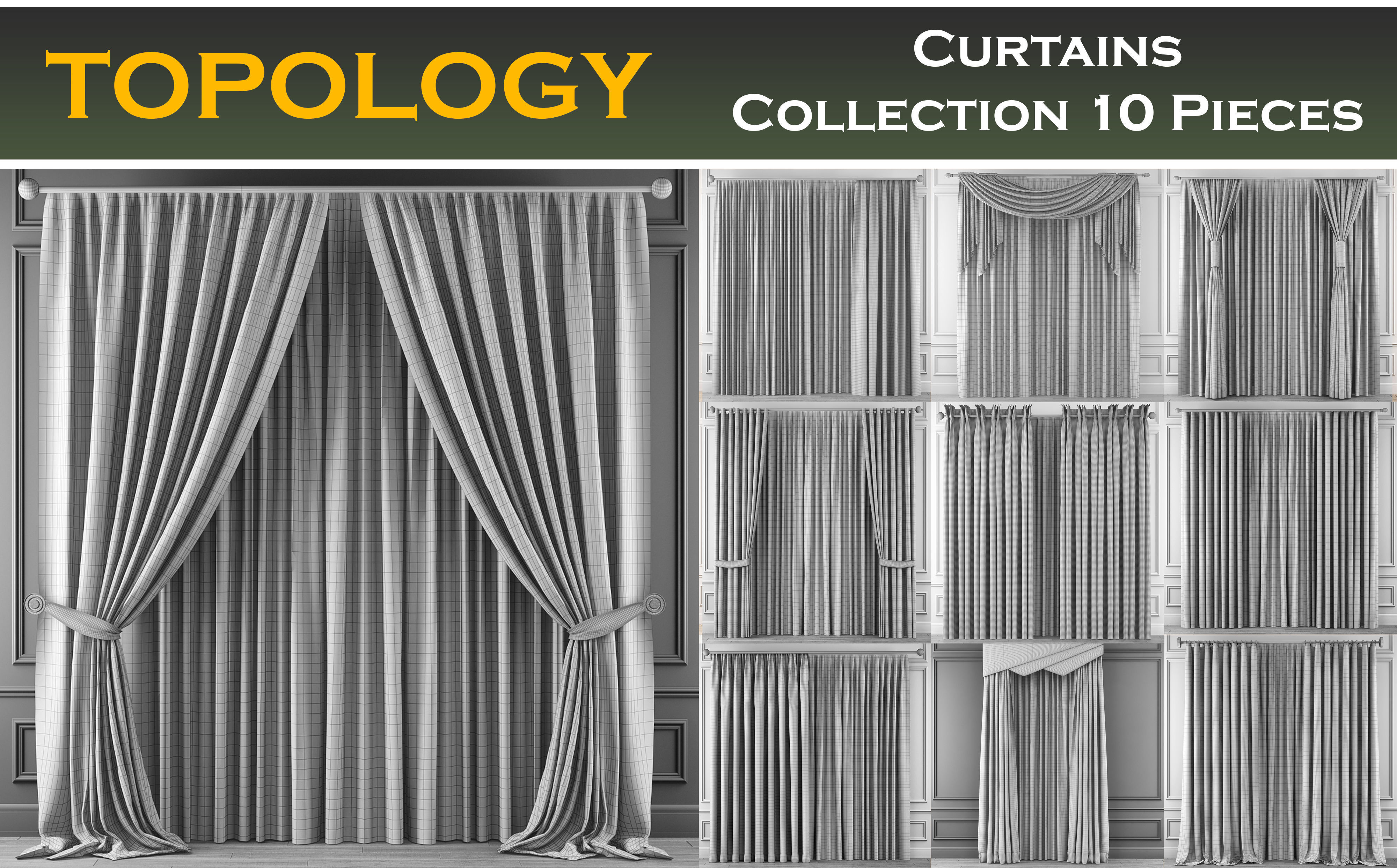 Curtains Collection 10 Pieces 3d model Low-poly 3D model_1