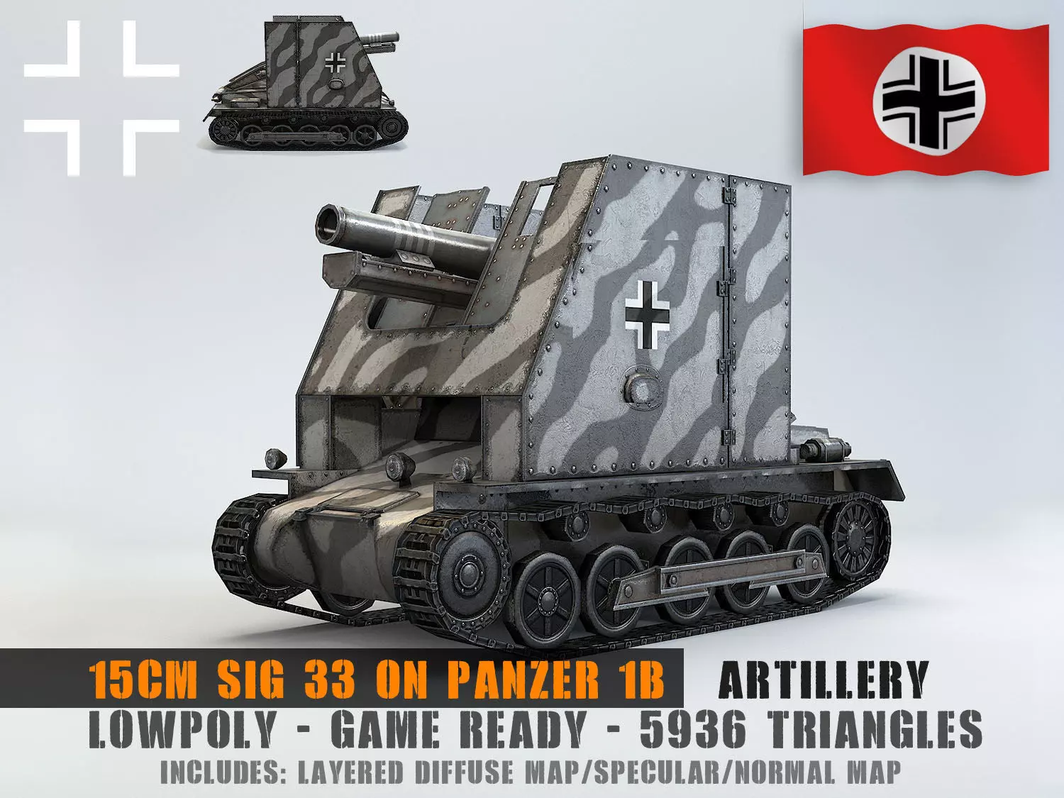 Low Poly 15 cm sIG 33 Sf on PzIB Low-poly 3D model