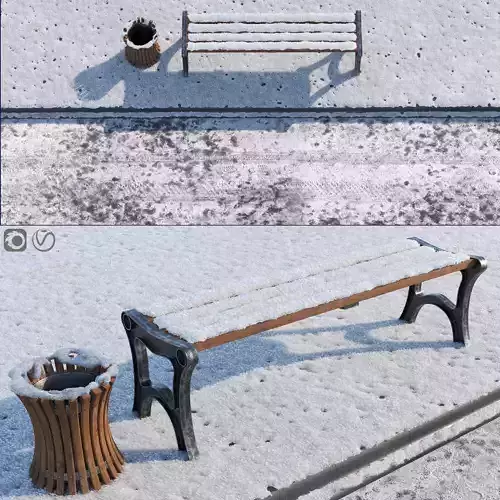 Snow Bench and Sidewalk with street 