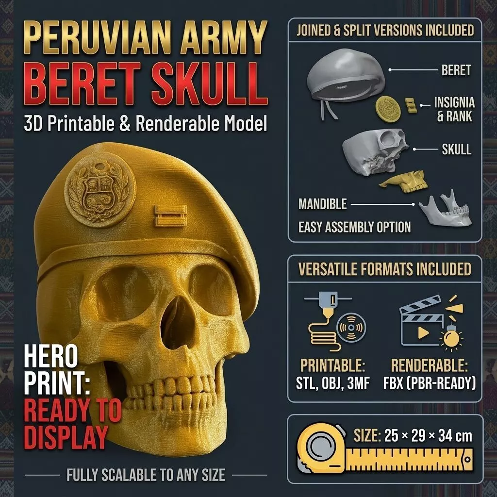 Peruvian Army Beret Skull Printable and Renderable Model 3D print model
