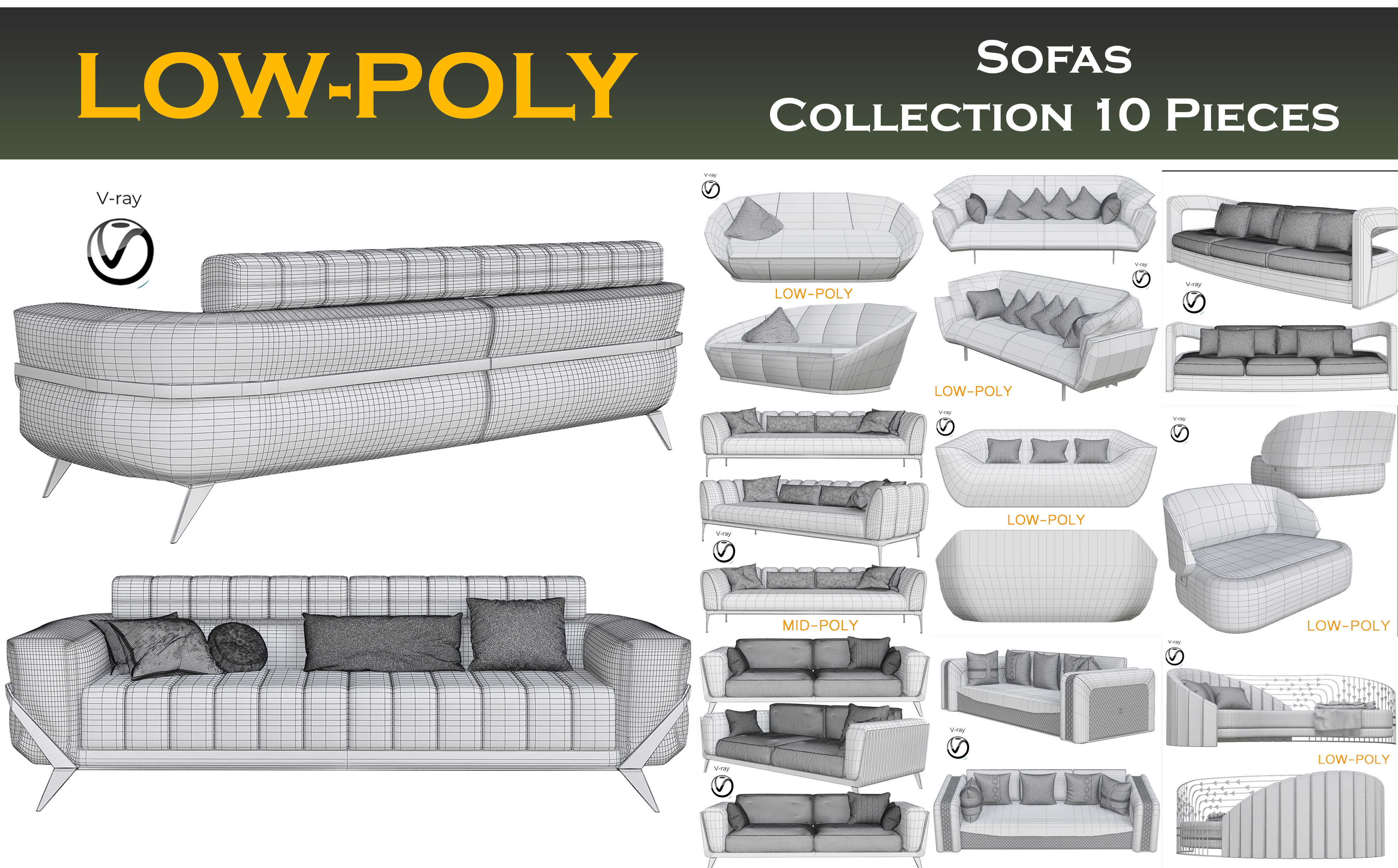 Sofas Collection 10 Pieces 3d model Low-poly 3D model_1