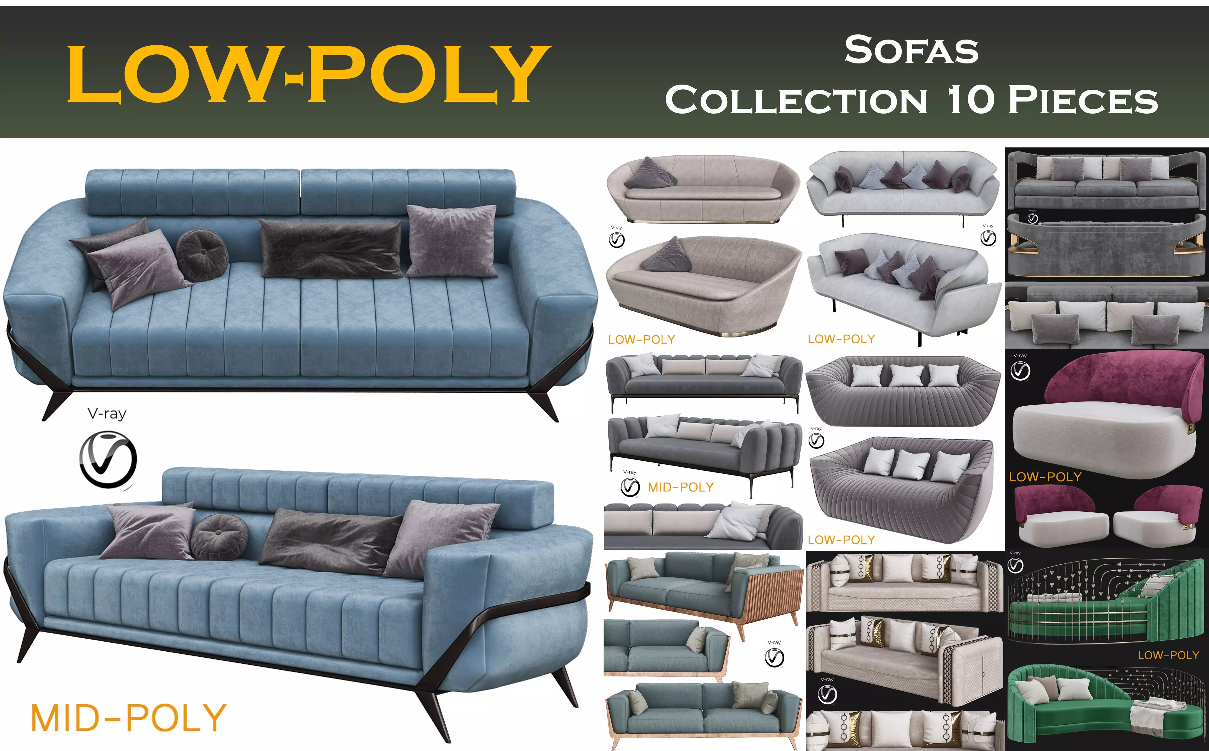 Sofas Collection 10 Pieces 3d model Low-poly 3D model_0