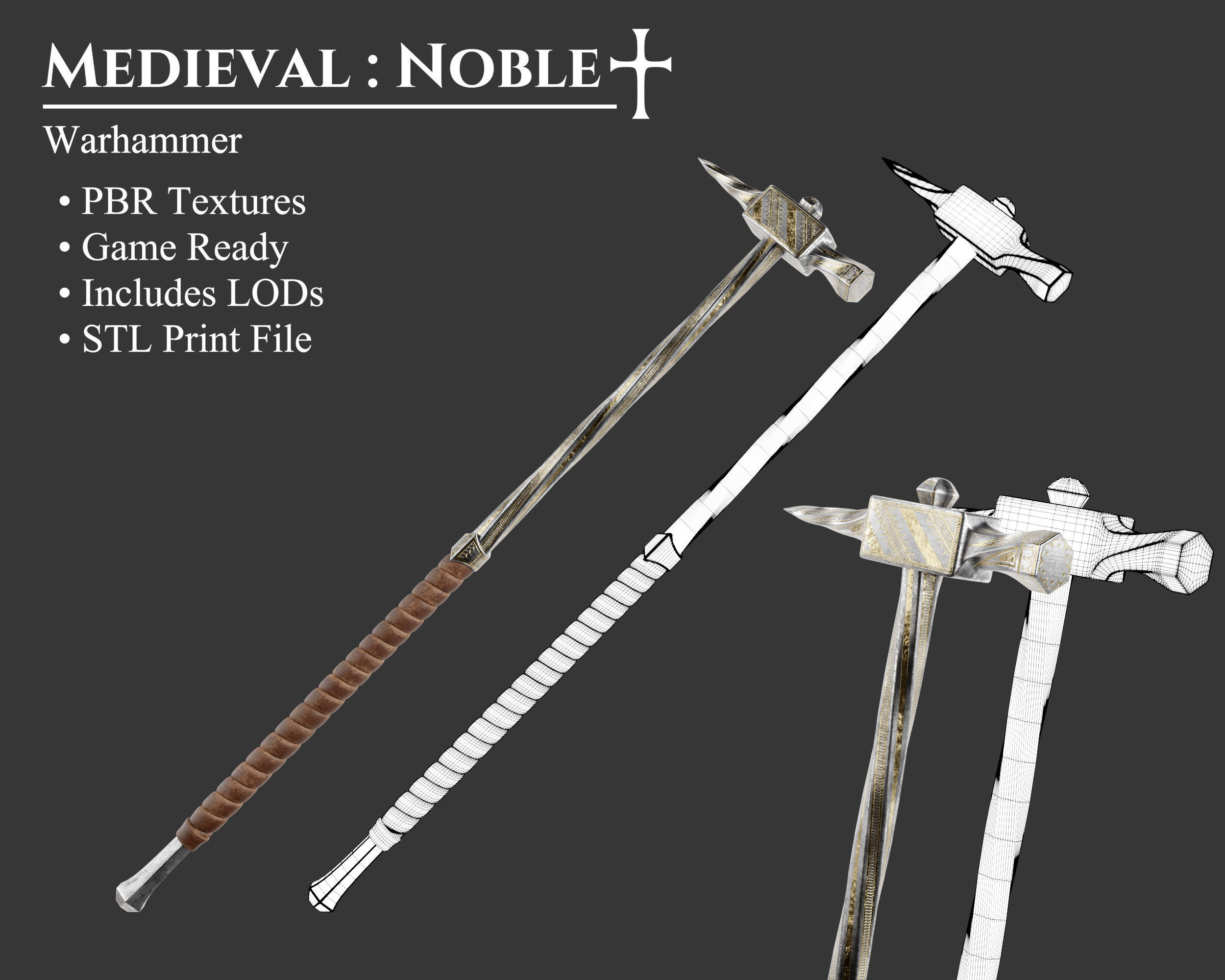 Medieval Noble Weapon Warhammer Low-poly 3D model_1