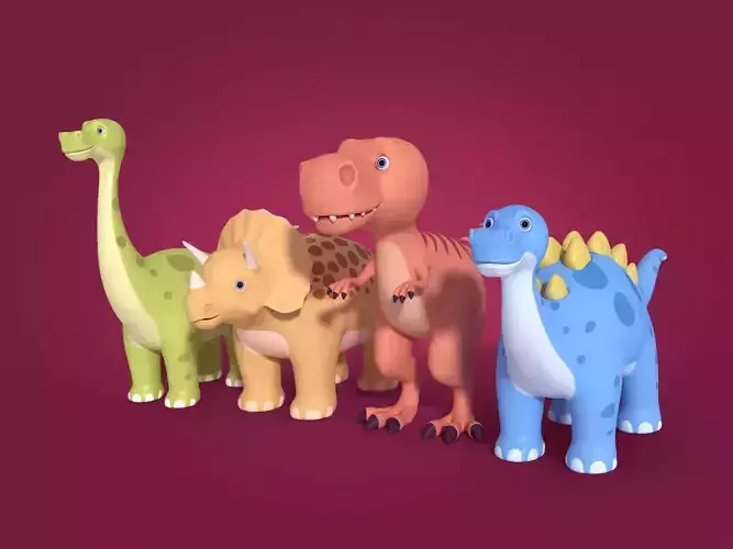 Cartoon Dinosaurs -- T-Rex Triceratops Stegosaurus Brachiosaurus Low-poly 3D model