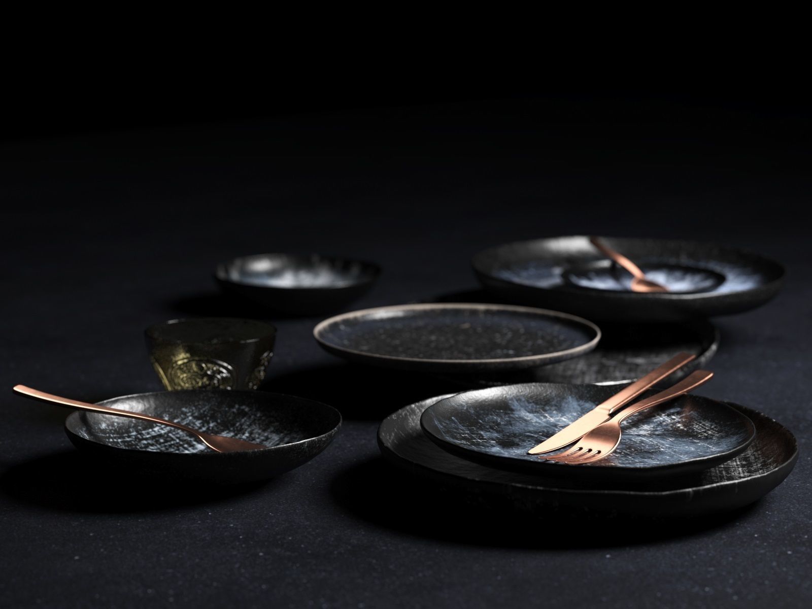 Tableware Set 7 dinner with copper forks and spoons 3D model_1