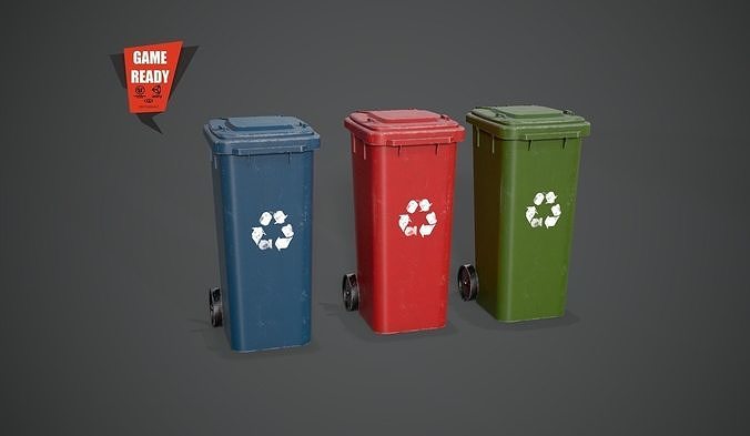 Trash PBR GameReady can on wheels Low-poly 3D model
