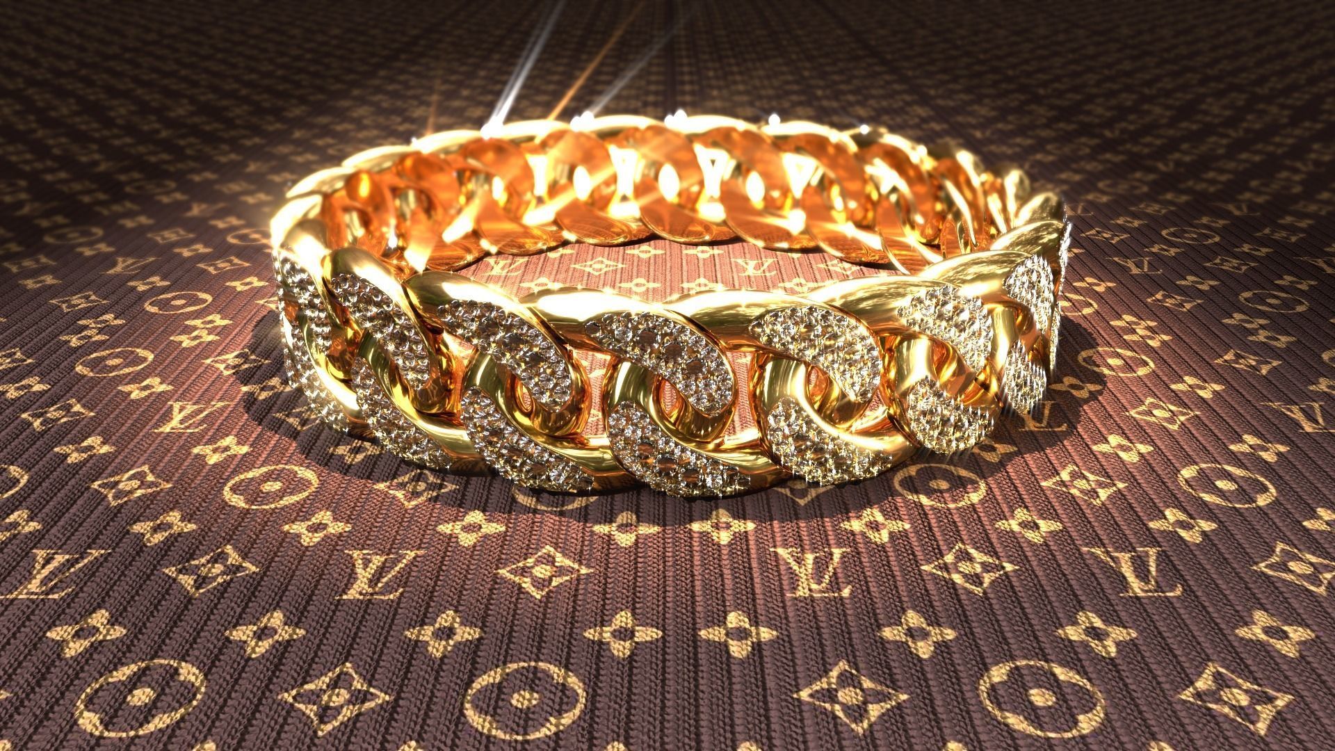 Cuban Link Bracelet with Diamonds 3D model_1