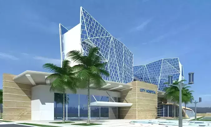 Hospital modern building with palm trees