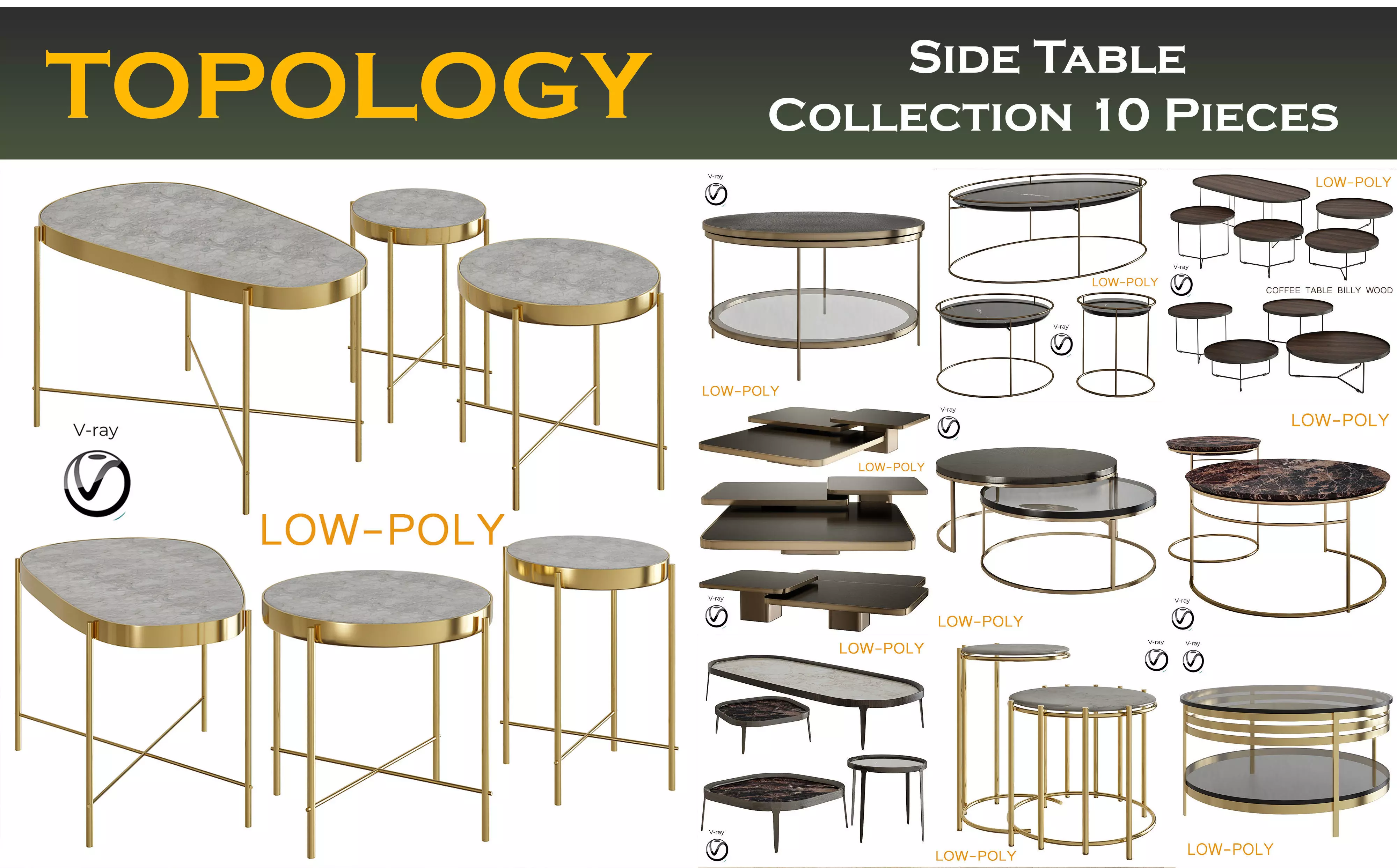 Side and Coffee Table  Collection 10 Pieces 3d model Low-poly 3D model_0
