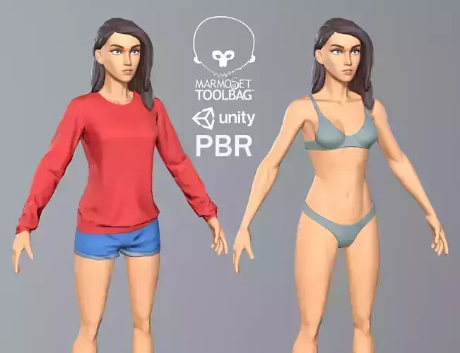 Game ready female character with 4 looks Low-poly 3D model