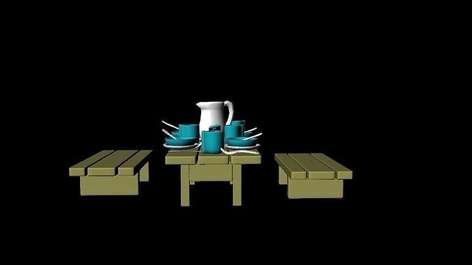 DINNER SET table with two chairs and bottle of water Low-poly 3D model