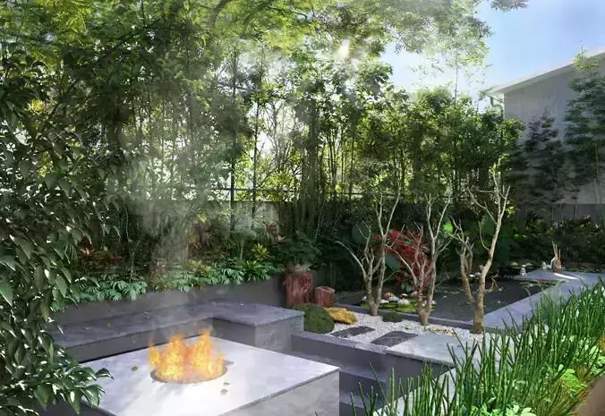 gardenhouse garden with fire pit in middle
